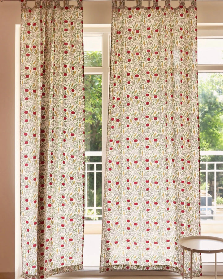 White & Red Hand Block Printed Linen Curtains | Apple & Bird Design