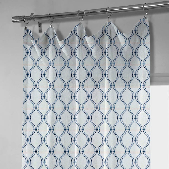 White & Navy Linen Sheer Curtains | Embroidered Ogee Trellis Design | Custom Sizes & Headings