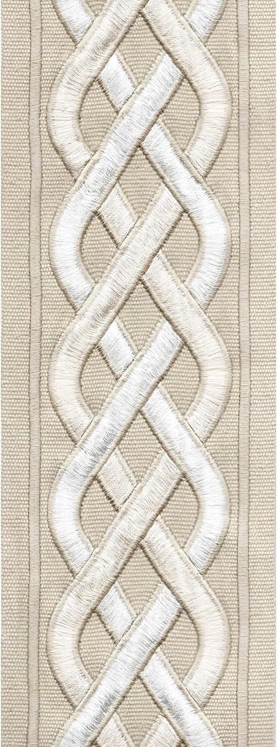 Organic Cotton Canvas Curtain Trim Border Tape - Celtic Knot Pattern - 10cm Wide - Ivory Beige/Taupe Cream/Ivory Blue - Sold by Metre UK - Continuous Piece Taupe Cream