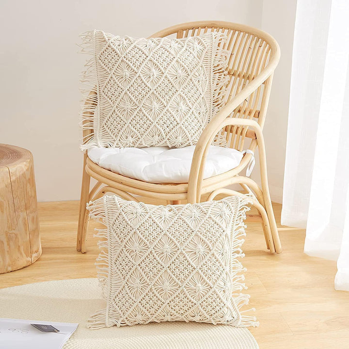Bohemian Macrame Cushion Cover | 45x45cm | Cream Cotton | Geometric Pattern | Fringed Edges