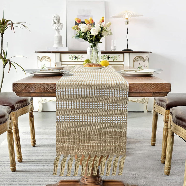 Boho Textured Weave Table Runner | Natural Beige Cotton Runner with Tassels | 13x74" (33x188cm)