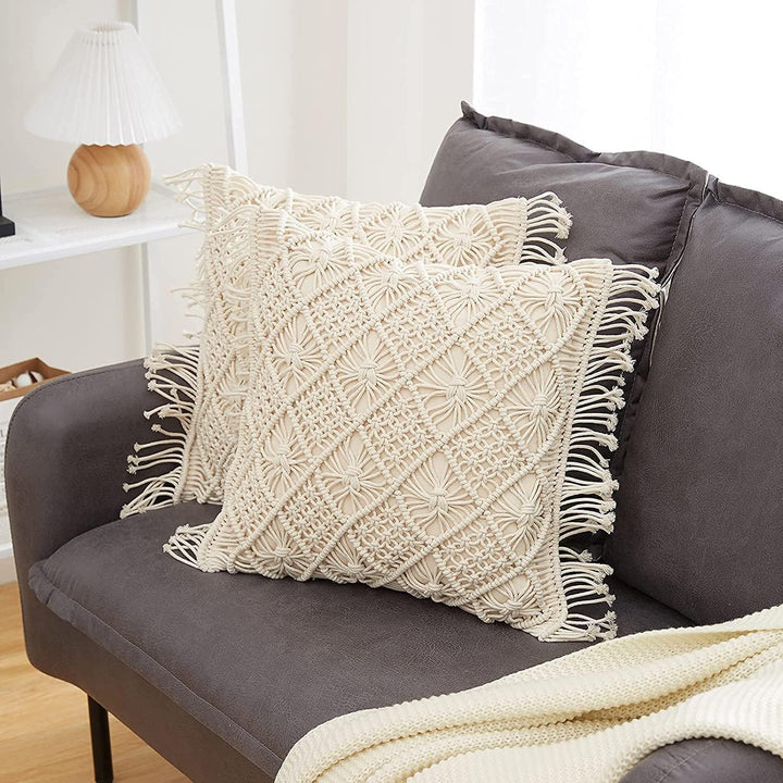 Bohemian Macrame Cushion Cover | 45x45cm | Cream Cotton | Geometric Pattern | Fringed Edges