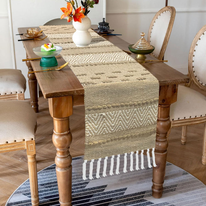 Boho Chevron Table Runner | Cream & Brown Cotton Woven Runner | 13x74" (33x188cm)