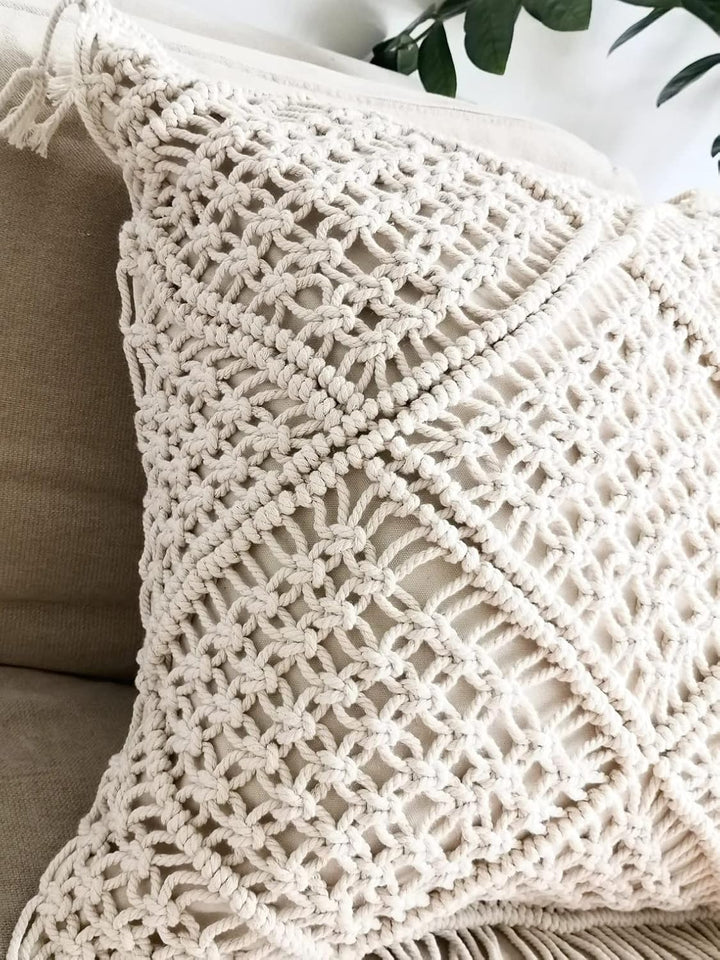 Handmade Macrame Cushion Cover | Cotton Cushion Cover with Fringes | 40x40cm | Boho Decor