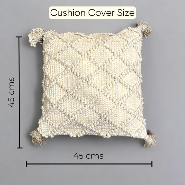 Off-White Tufted Boho Cushion Cover | 45x45cm Cotton Slub | Tassels | Machine Washable