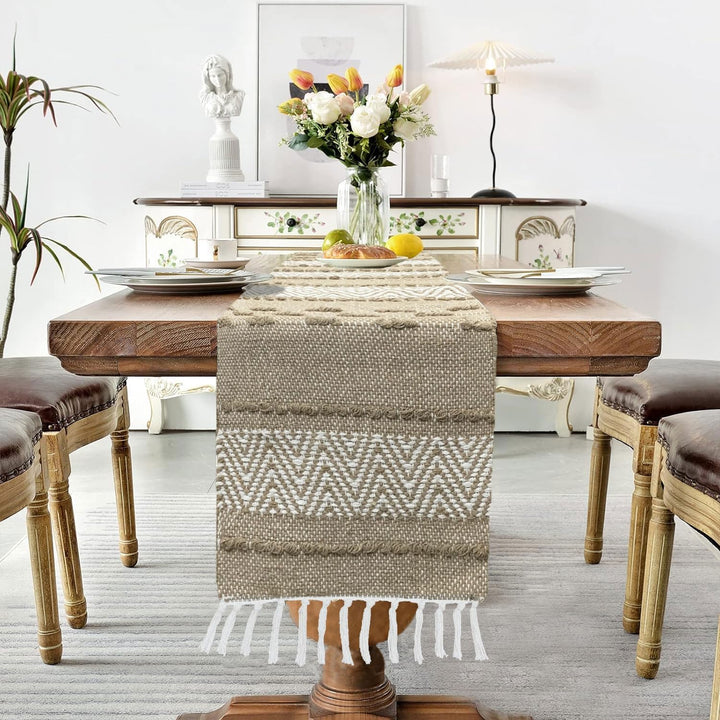 Boho Chevron Table Runner | Cream & Brown Cotton Woven Runner | 13x74" (33x188cm)