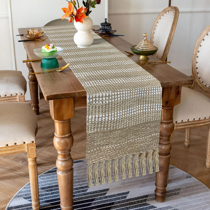 Boho Textured Weave Table Runner | Natural Beige Cotton Runner with Tassels | 13x74" (33x188cm)