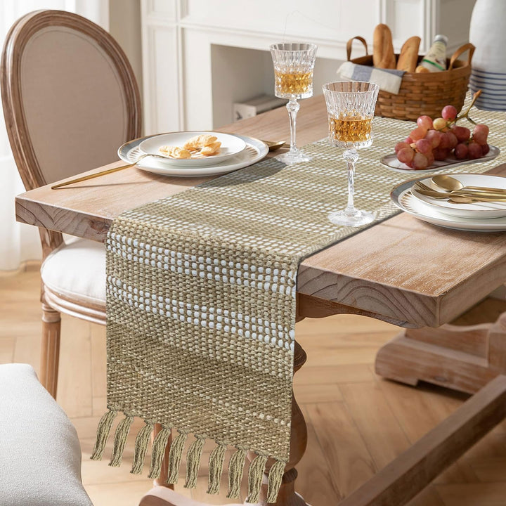 Boho Textured Weave Table Runner | Natural Beige Cotton Runner with Tassels | 13x74" (33x188cm)