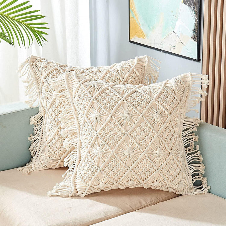 Bohemian Macrame Cushion Cover | 45x45cm | Cream Cotton | Geometric Pattern | Fringed Edges