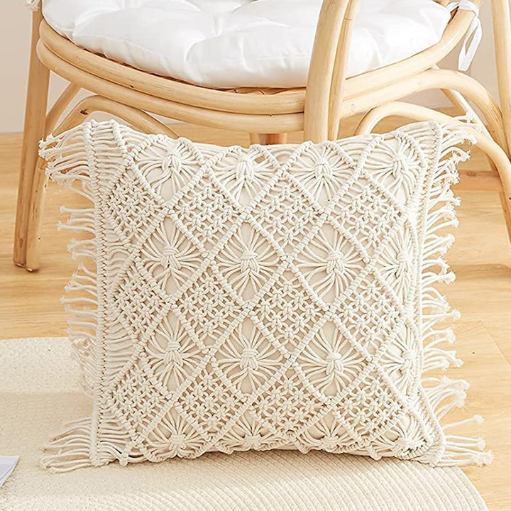 Bohemian Macrame Cushion Cover | 45x45cm | Cream Cotton | Geometric Pattern | Fringed Edges