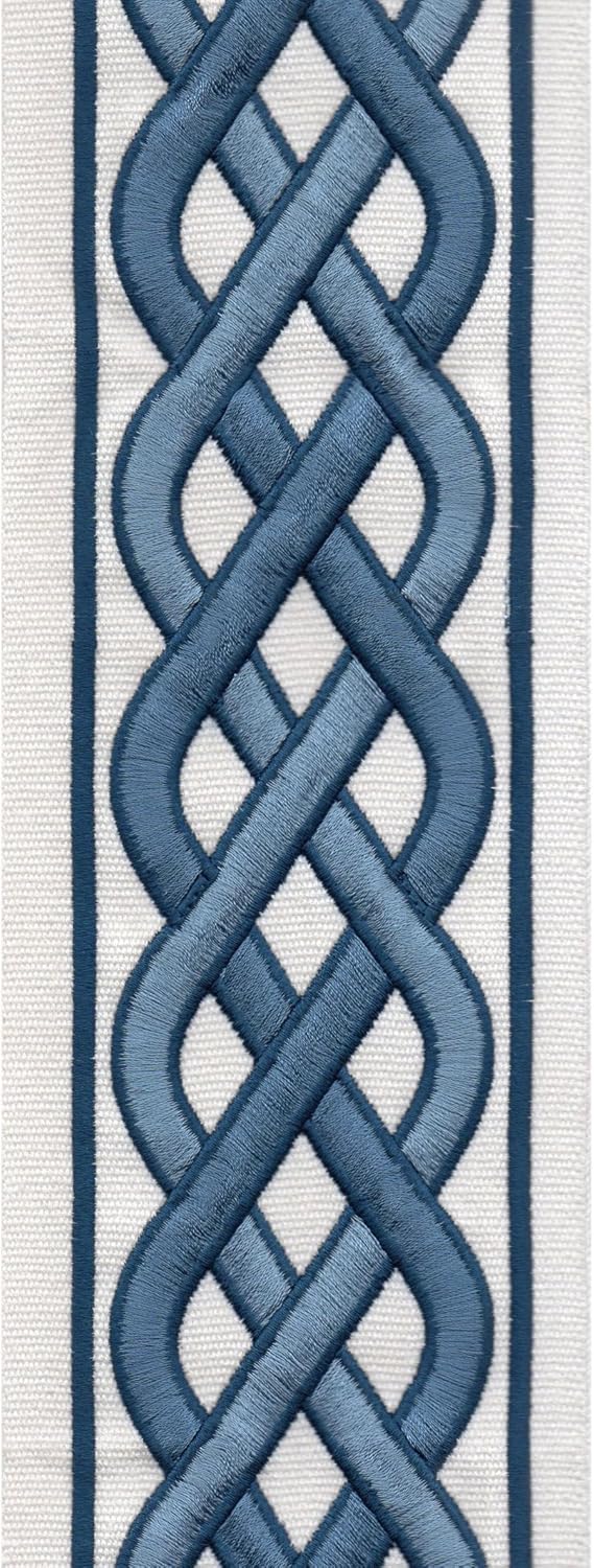 Organic Cotton Canvas Curtain Trim Border Tape - Celtic Knot Pattern - 10cm Wide - Ivory Beige/Taupe Cream/Ivory Blue - Sold by Metre UK - Continuous Piece Ivory Blue