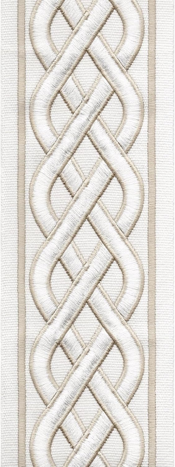Organic Cotton Canvas Curtain Trim Border Tape - Celtic Knot Pattern - 10cm Wide - Ivory Beige/Taupe Cream/Ivory Blue - Sold by Metre UK - Continuous Piece Ivory Beige