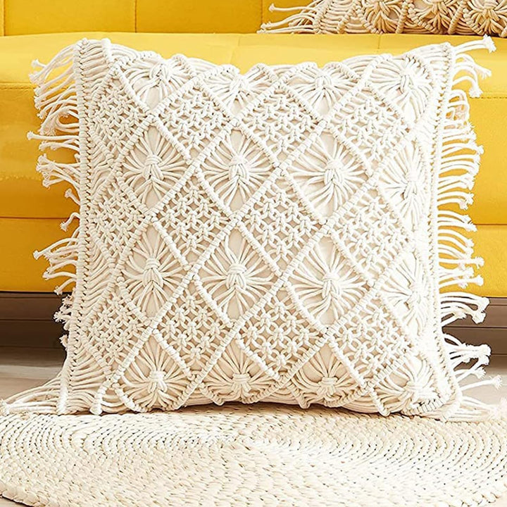 Bohemian Macrame Cushion Cover | 45x45cm | Cream Cotton | Geometric Pattern | Fringed Edges