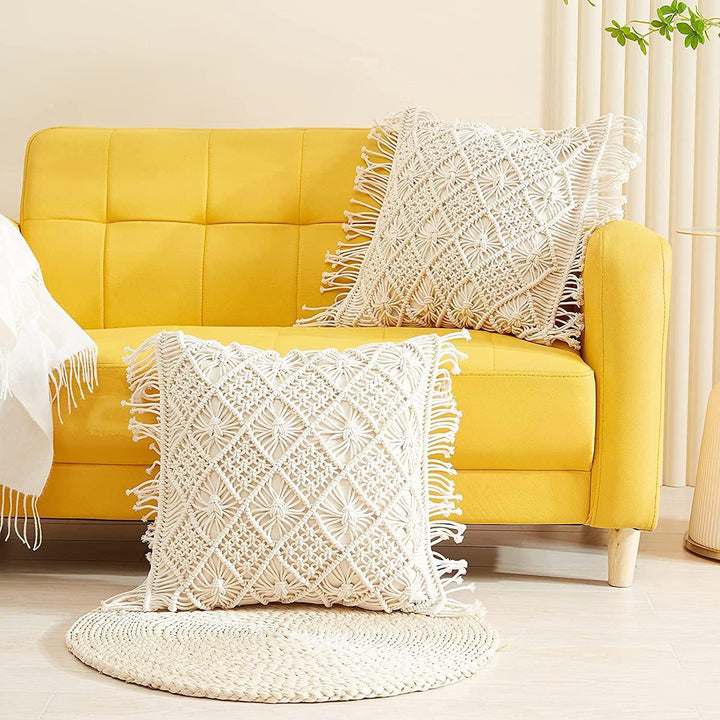 Bohemian Macrame Cushion Cover | 45x45cm | Cream Cotton | Geometric Pattern | Fringed Edges
