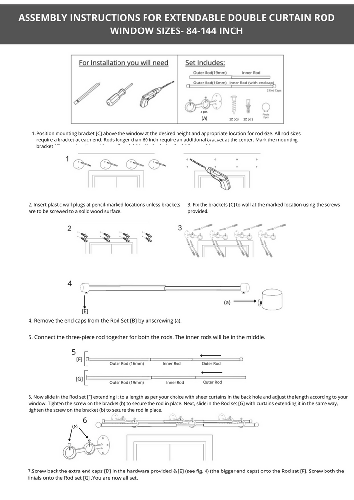 Black Double Curtain Pole Set with Crystal Finials - Extendable, Telescopic, Rustproof - 71-122cm, 122-224cm, 213-366cm
