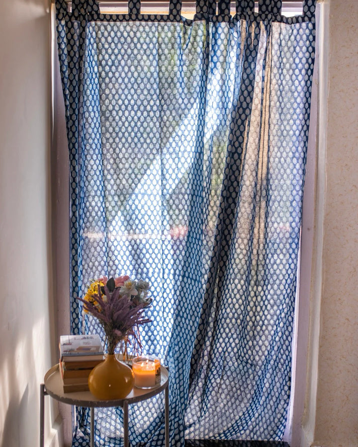 Indigo Blue Hand Block Printed Linen Curtains | Water Droplet Design