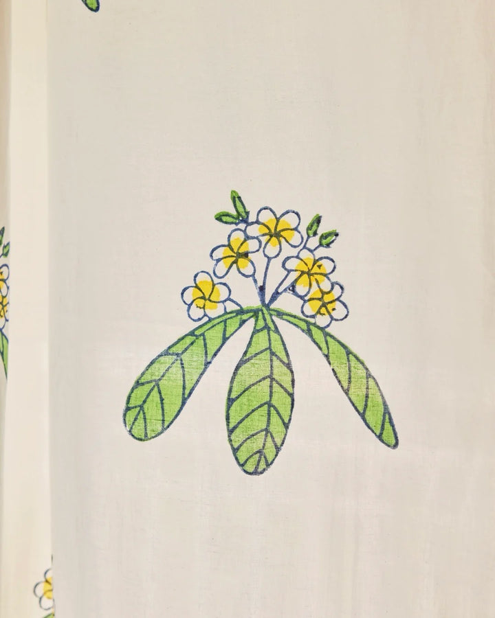 White & Green Hand Block Printed Linen Curtains | Frangipani Design