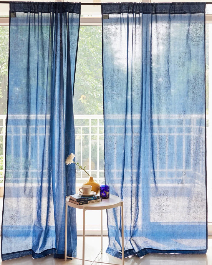 Indigo Hand Block Printed Linen Curtains | Floral & Stripe Design