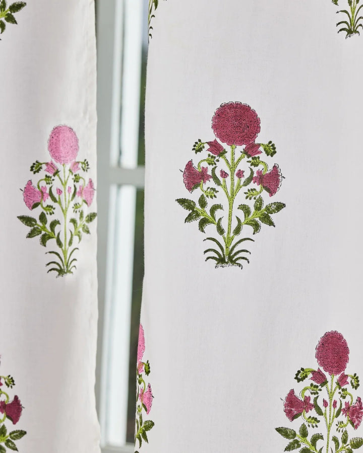 White & Pink Hand Block Printed Linen Curtains | Floral Design