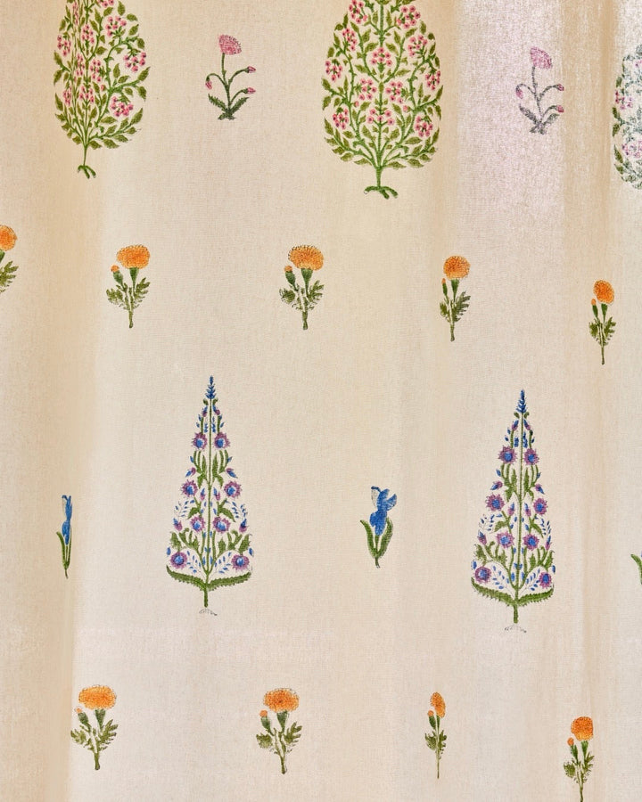 Hand Block Printed Linen Curtains | Tree & Floral Motif | Light Filtering Opaque For Privacy