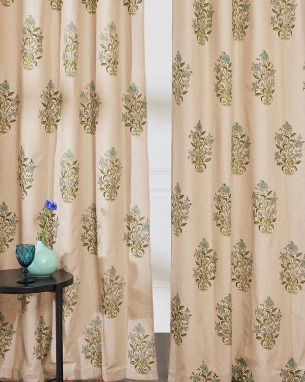 Hand Block Printed Linen Curtains | Bird & Floral Motif | Standard & Custom Lengths