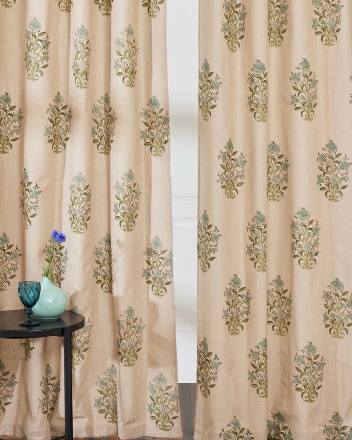 Hand Block Printed Linen Curtains | Bird & Floral Motif | Standard & Custom Lengths