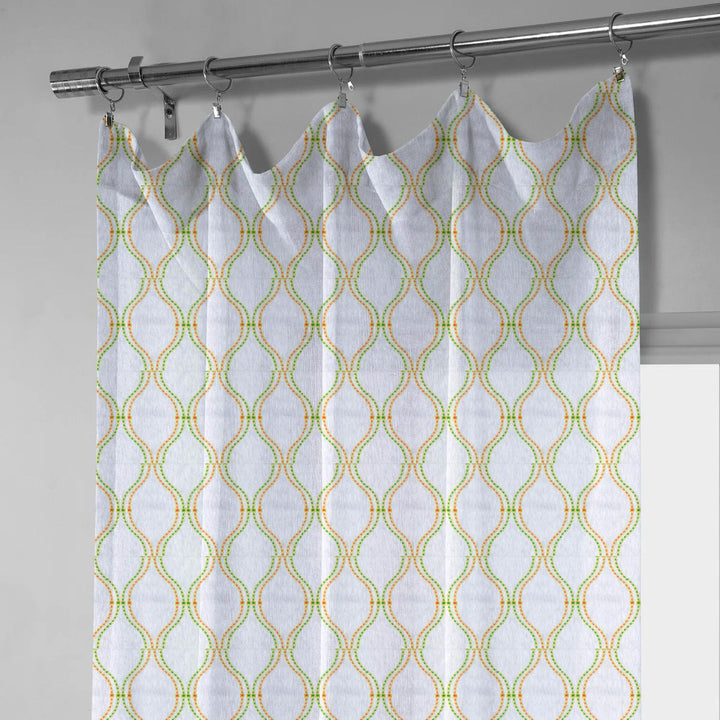 White Green & Orange Linen Sheer Curtains | Ogee Trellis Embroidery