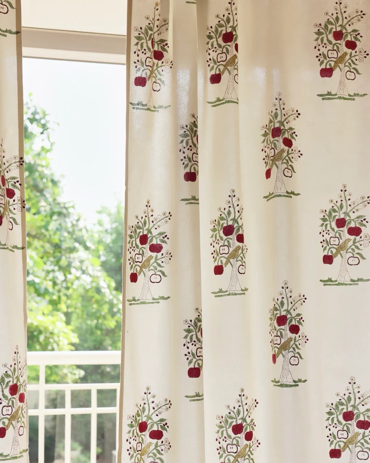 Cream & Red Hand Block Printed Linen Curtains | Apple Tree Design
