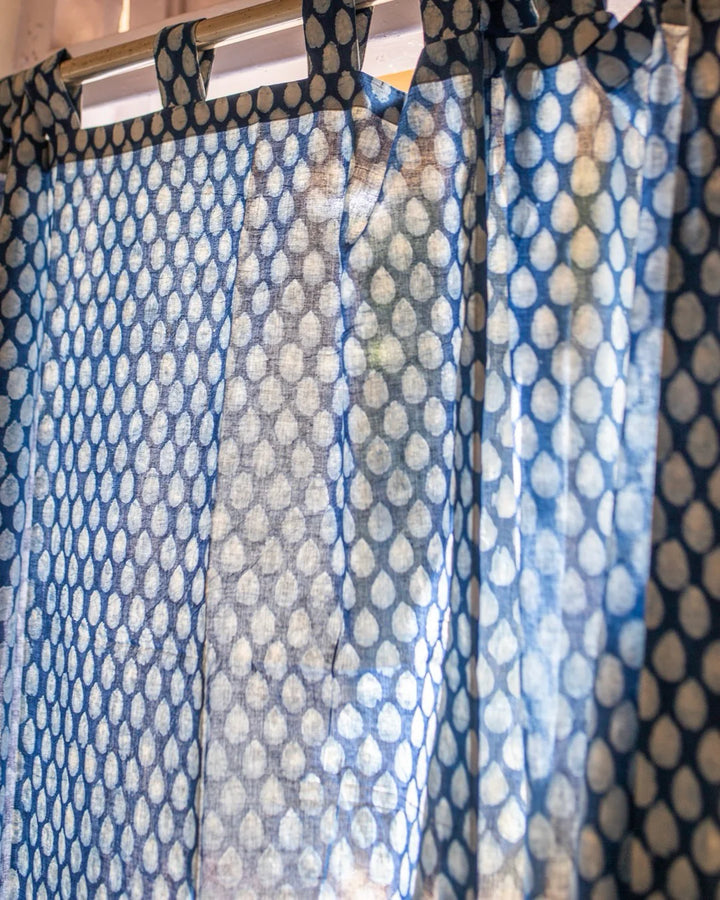 Indigo Blue Hand Block Printed Linen Curtains | Water Droplet Design
