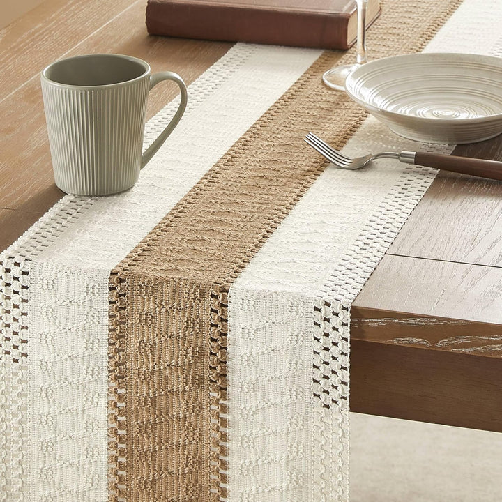 Handmade Cotton Table Runner | Boho Bicolor Woven Runner | Natural Cream & Brown | 12x72 Inches (30x183 cm)