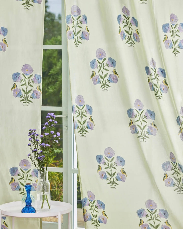 White & Purple Hand Block Printed Linen Curtains | Floral & Bird Design