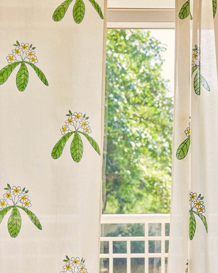 White & Green Hand Block Printed Linen Curtains | Frangipani Design