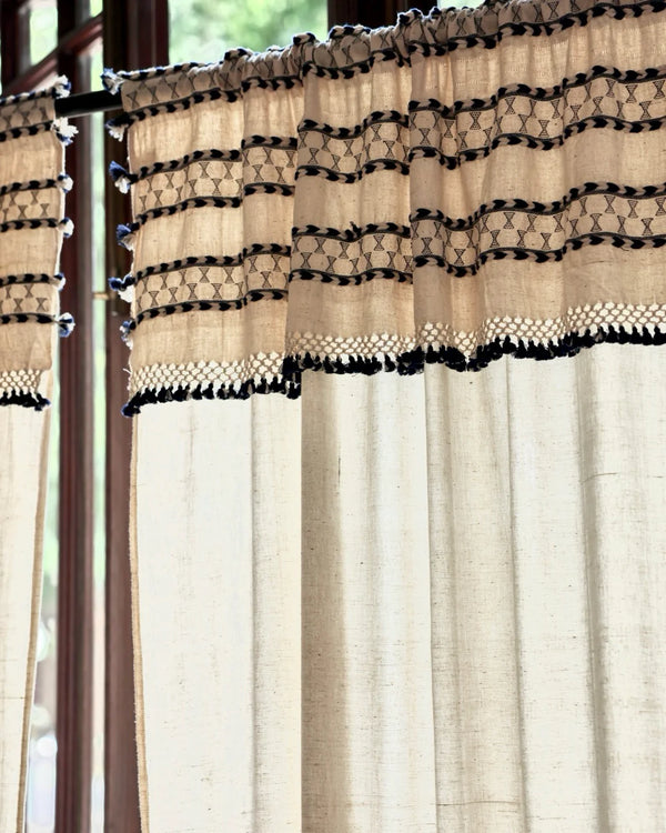 Natural Linen Curtains with Blue Tassels | Rod Pocket