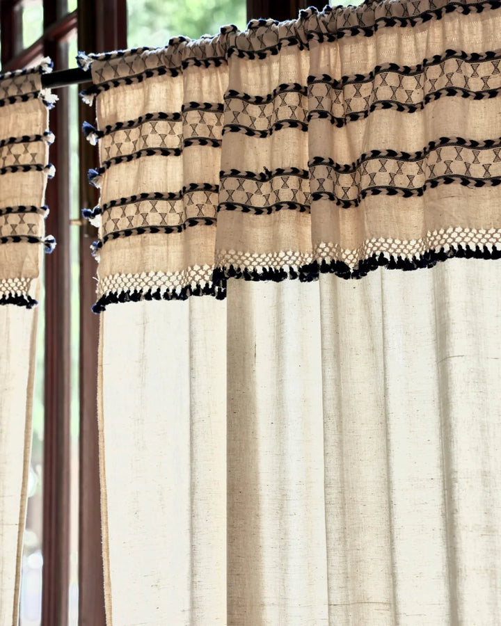 Natural Linen Curtains with Blue Tassels | Rod Pocket