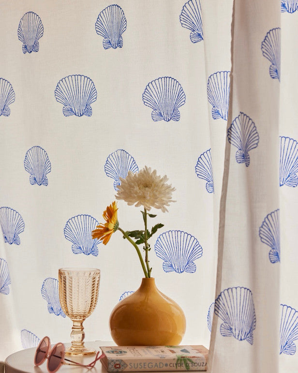 Organic Cotton Seashell Curtains | Hand Block Printed | White and Blue