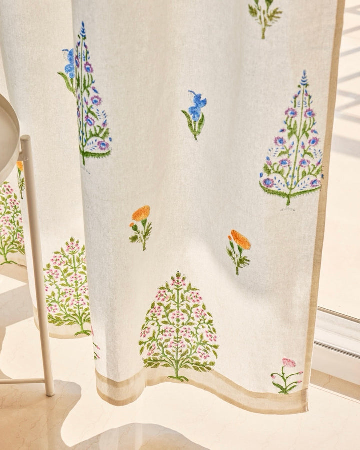 Hand Block Printed Linen Curtains | Tree & Floral Motif | Light Filtering Opaque For Privacy