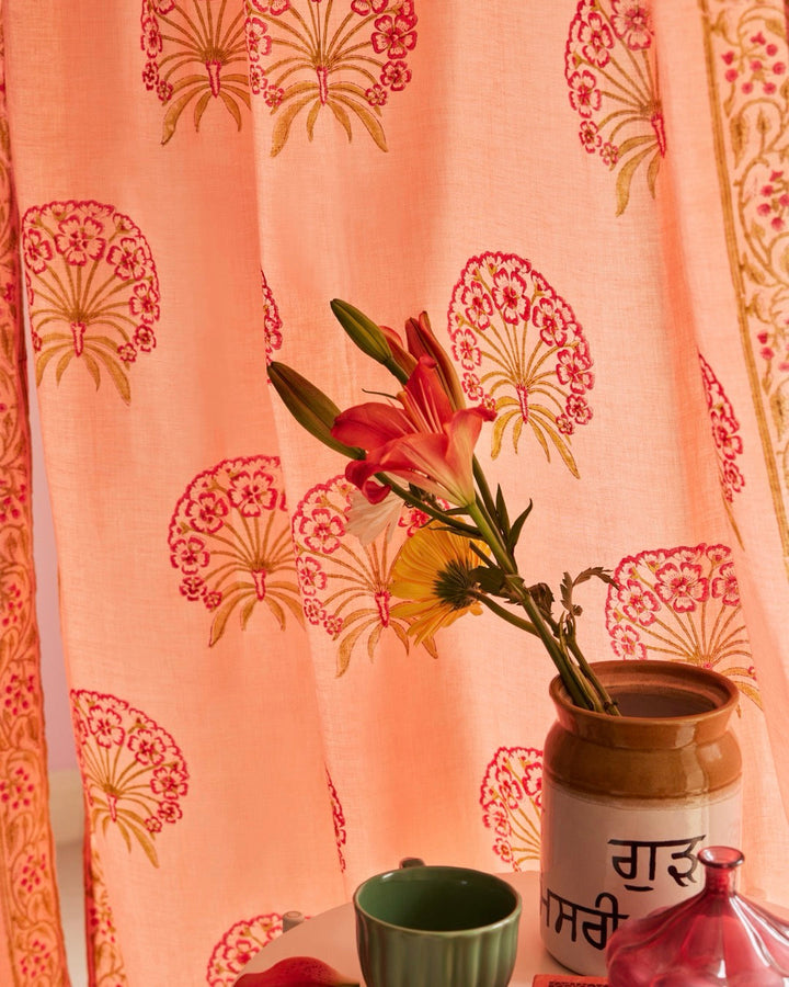 Pink & Green Hand Block Printed Linen Curtains | Floral Pattern | Privacy Opaque Light Filtering