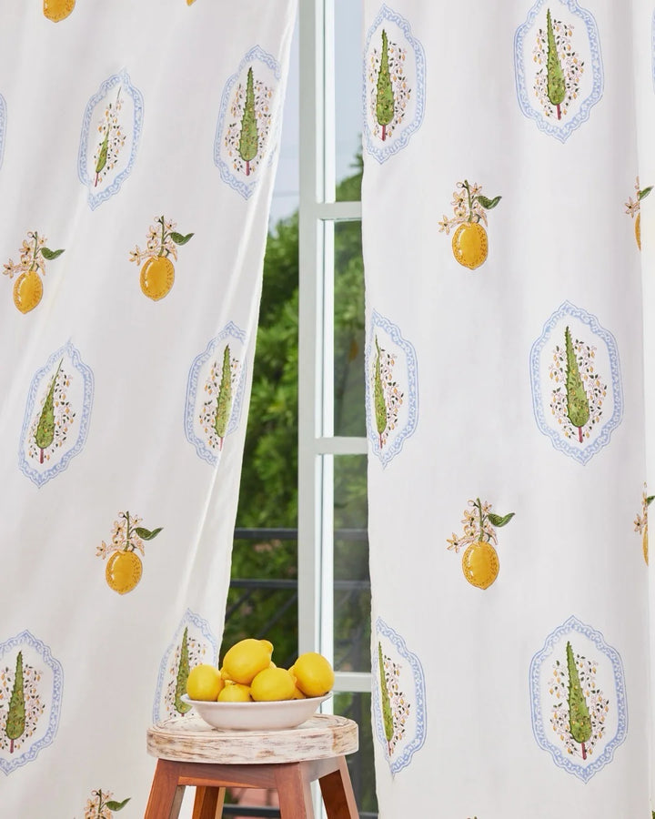 Summer Linen Curtains | Hand Block Printed Citrus Design | Standard & Custom Sizing