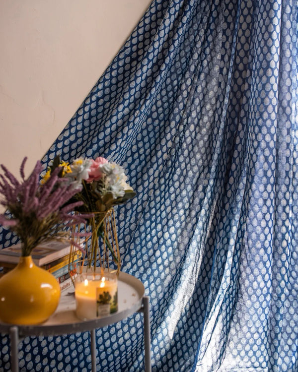 Indigo Blue Hand Block Printed Linen Curtains | Water Droplet Design