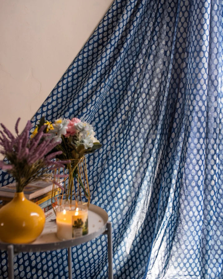 Indigo Blue Hand Block Printed Linen Curtains | Water Droplet Design