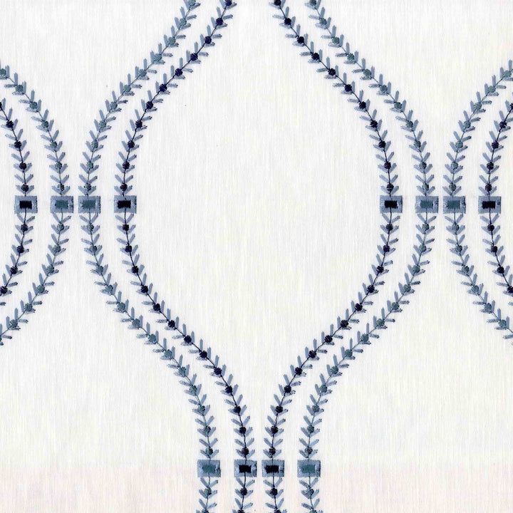 White & Navy Linen Sheer Curtains | Embroidered Ogee Trellis Design | Custom Sizes & Headings