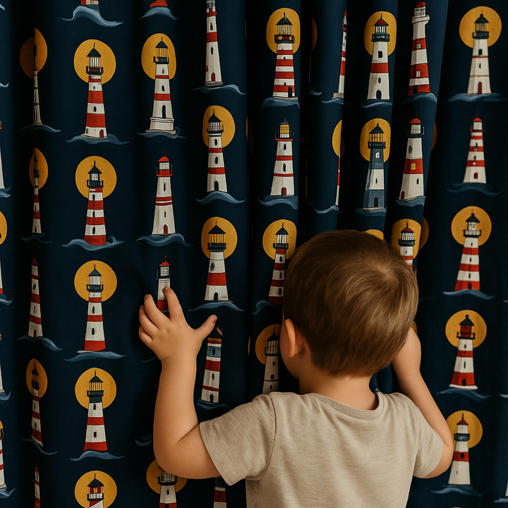 Lighthouse Navy Cotton Kids Curtains – Nautical Bedroom Drapes, Light-Filtering or 100 % Blackout