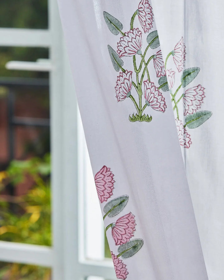 Light Grey & Pink Hand Block Printed Linen Curtains | Lotus Flower Design