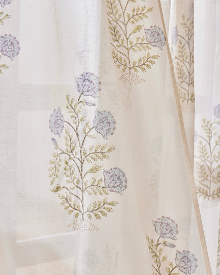 White, Blue & Green Hand Block Printed Linen Curtains | Floral Pattern