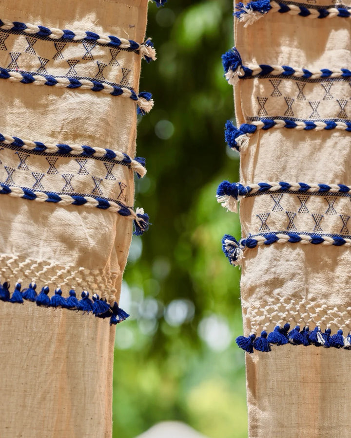 Natural Linen Curtains with Blue Tassels | Rod Pocket