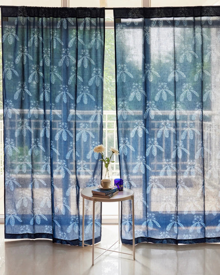 Indigo Blue Hand Block Printed Linen Curtains | Champa Flower Design