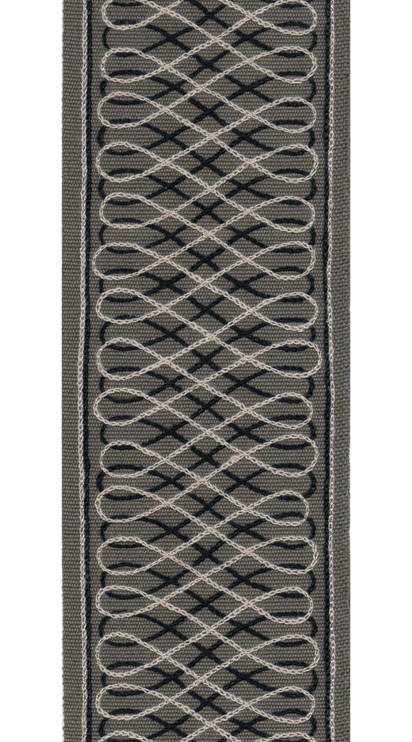 Geometric Lattice Cotton Canvas Trim | 4 Inch (10.16cm) | Wide Embroidered Border | 5 Colours | By The Metre Charcoal Black