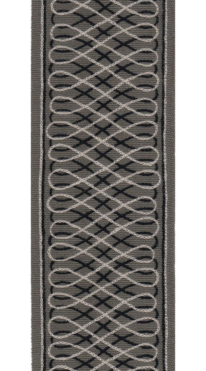 Geometric Lattice Cotton Canvas Trim | 4 Inch (10.16cm) | Wide Embroidered Border | 5 Colours | By The Metre Charcoal Black
