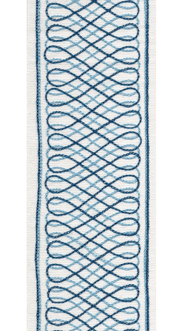 Geometric Lattice Cotton Canvas Trim | 4 Inch (10.16cm) | Wide Embroidered Border | 5 Colours | By The Metre Ivory Blue