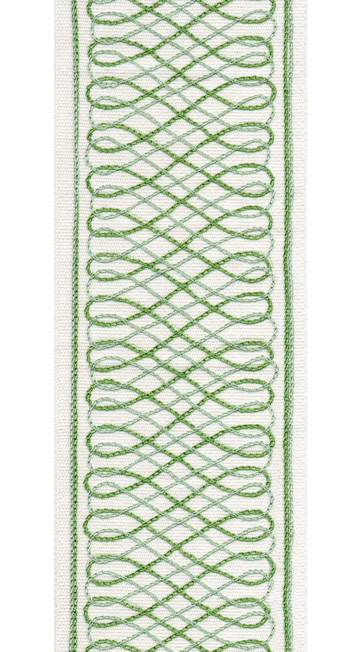 Geometric Lattice Cotton Canvas Trim | 4 Inch (10.16cm) | Wide Embroidered Border | 5 Colours | By The Metre Ivory Green